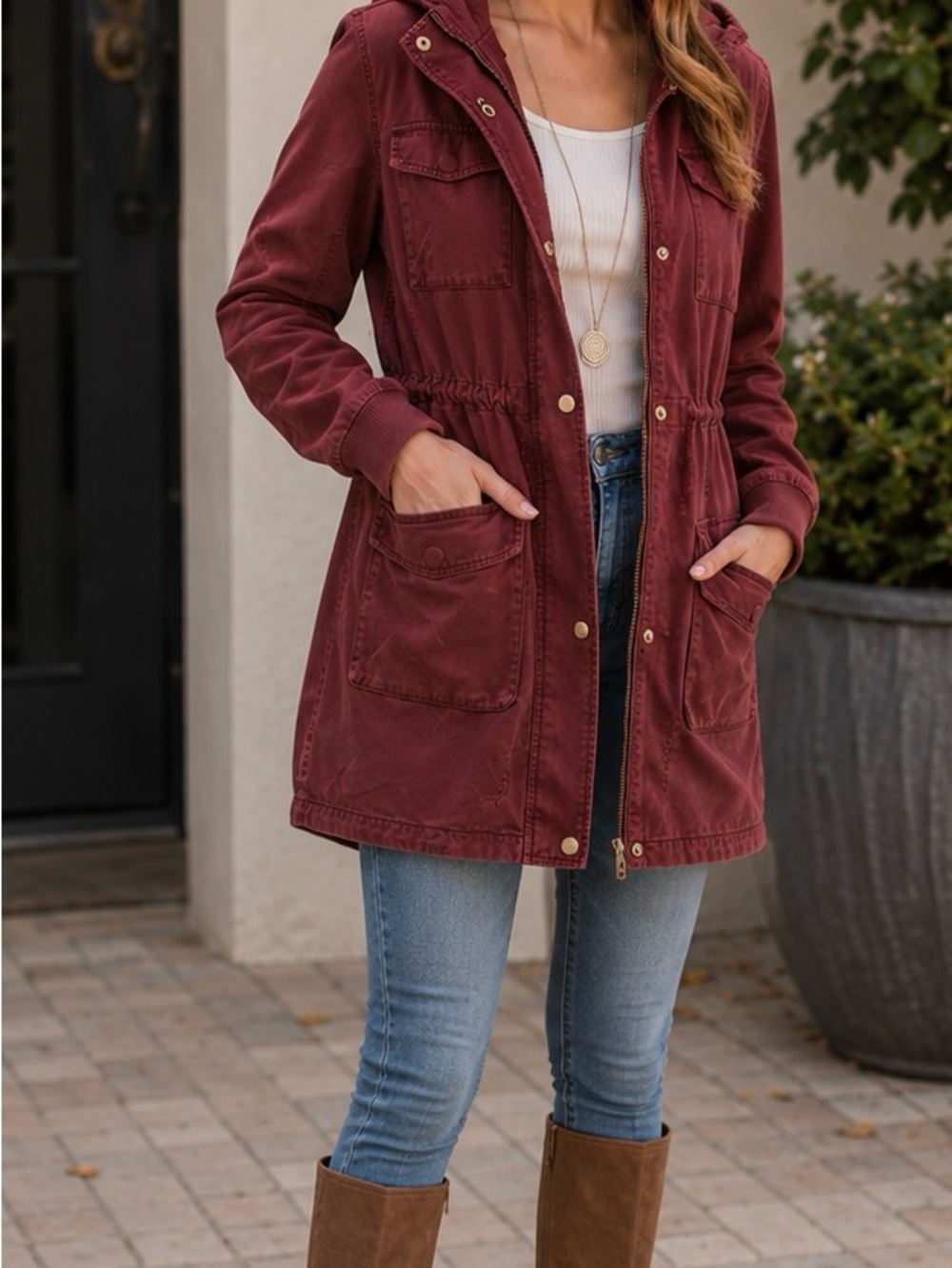 100% Cotton Garage Women's Burgundy Utility Jacket with Hood | Cottagecore